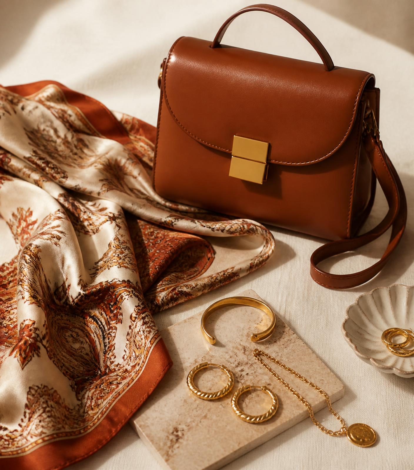 Accessori selezionati dell'atelier: borsa, foulard e bigiotteria
