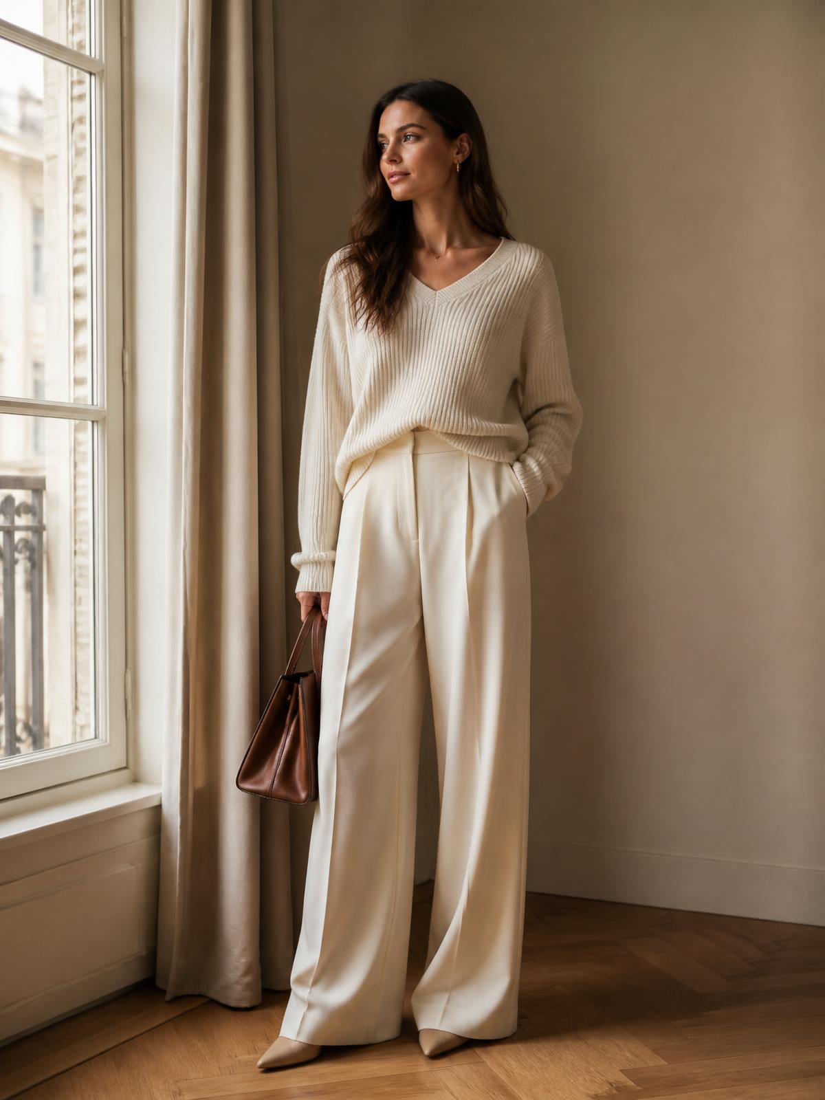Look in maglia crema e pantaloni ampi dell'atelier di abbigliamento donna a Cassola