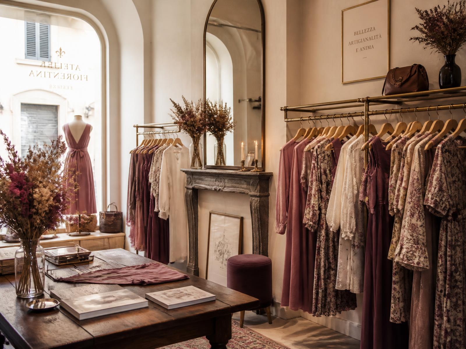 Interno di Atelier MADDA a Cassola: appendiabiti in ottone, abiti selezionati e luce naturale