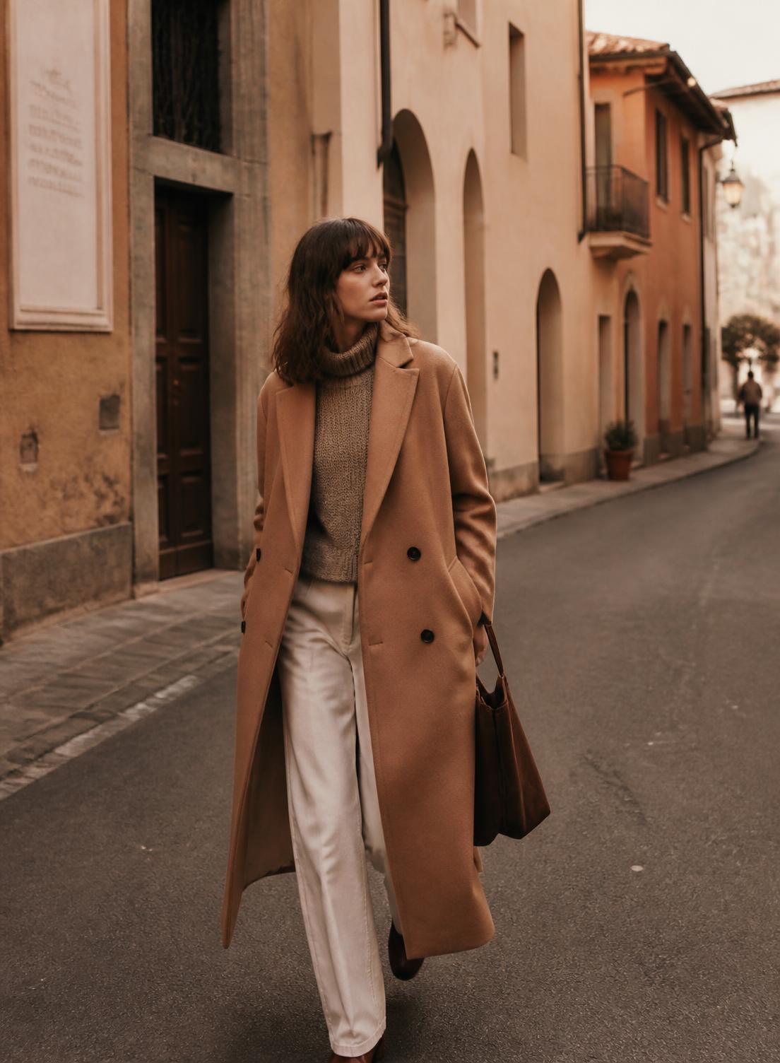 Cappotto in lana cammello indossato in una via del centro vicino a Bassano del Grappa