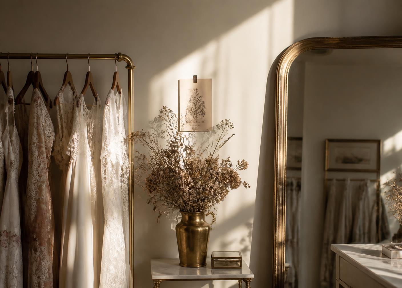 Dettaglio dell'atelier: abiti su appendiabiti in ottone e specchio con luce pomeridiana